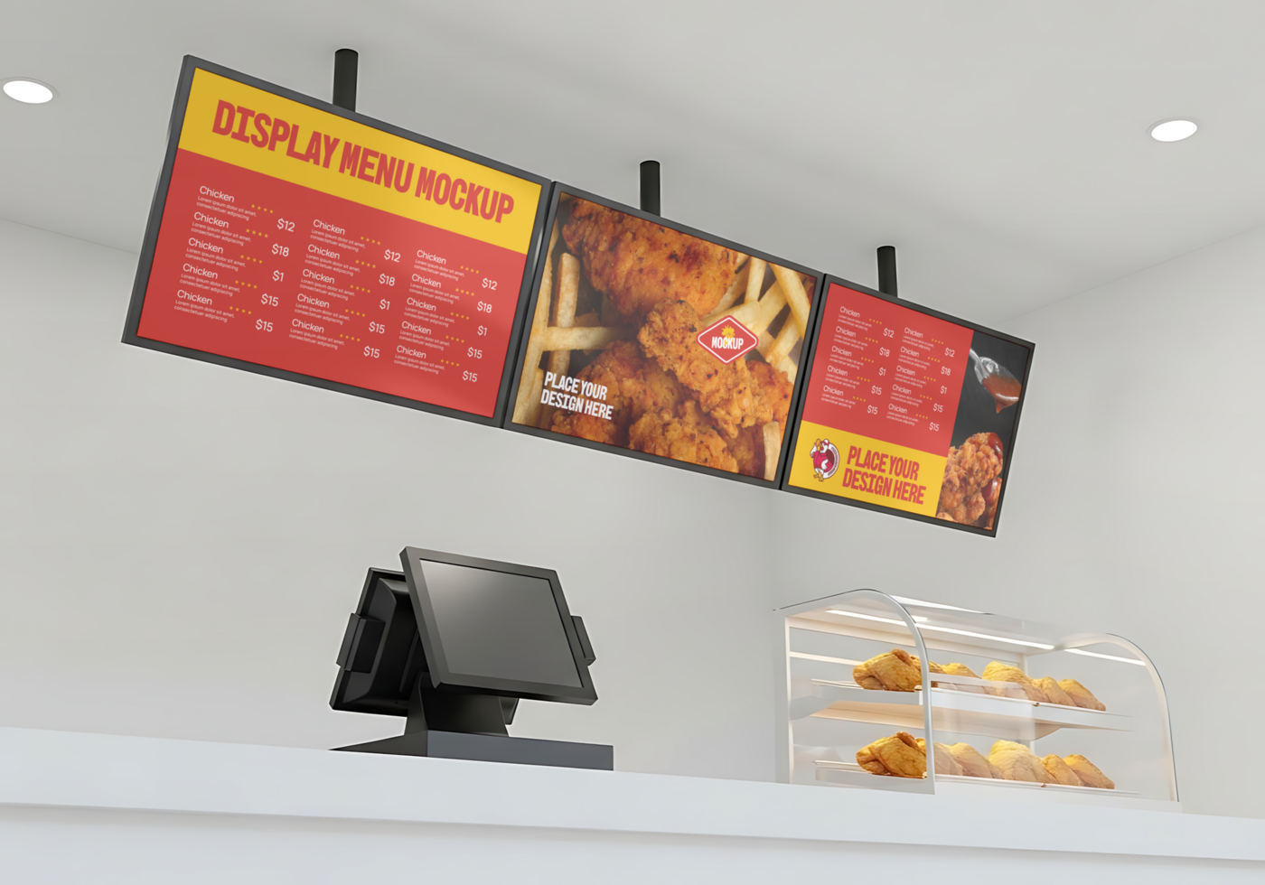 FYKO TV digital menu board mockup showing browser-based restaurant screen layout and menu pricing
