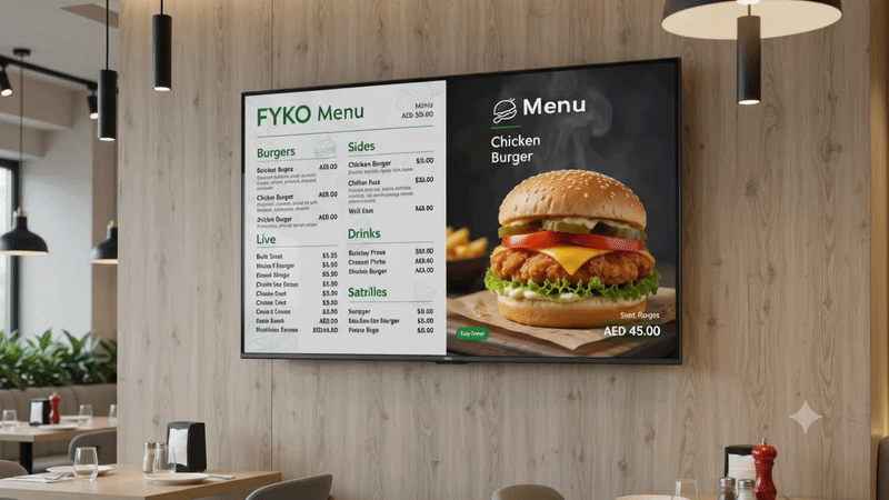 Fyko Menu Restaurant TV digital menu board and promo screen preview